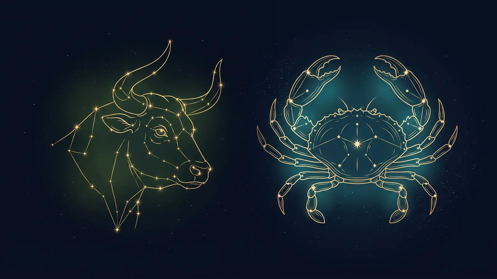 Two gold constellations on a midnight sky: the bull of Taurus facing the crab of Cancer