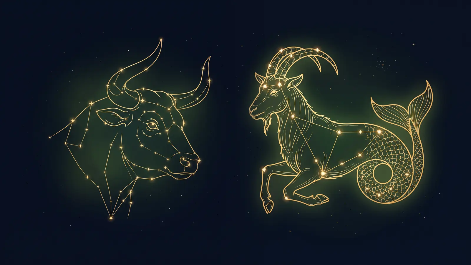 Two gold constellations on a midnight sky: the bull of Taurus facing the sea-goat of Capricorn