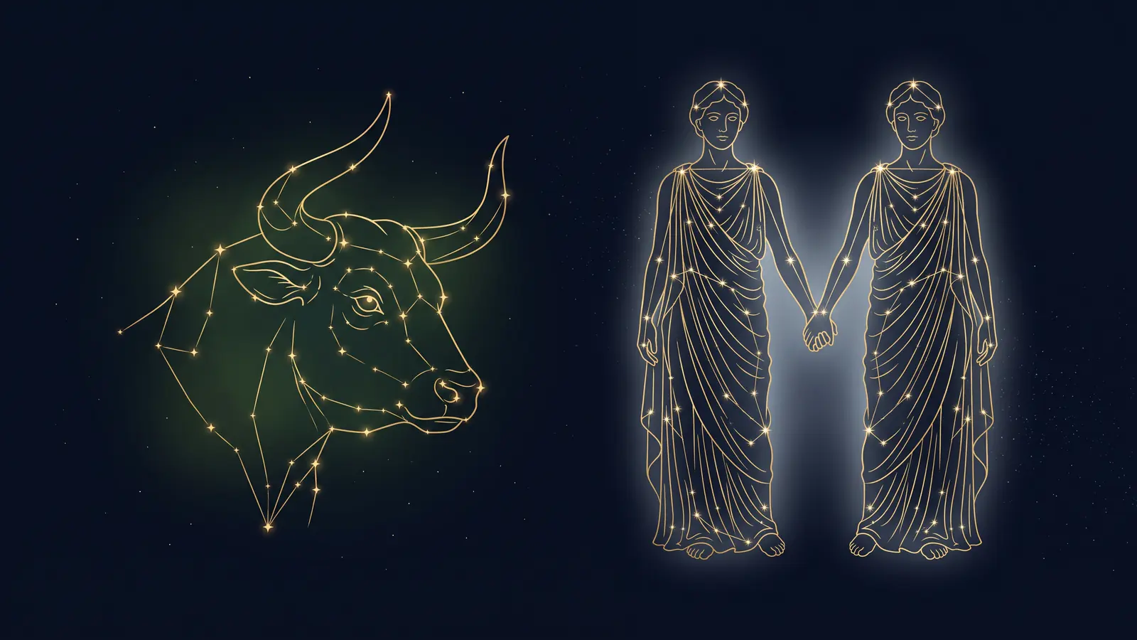 Two gold constellations on a midnight sky: the bull of Taurus facing the twins of Gemini