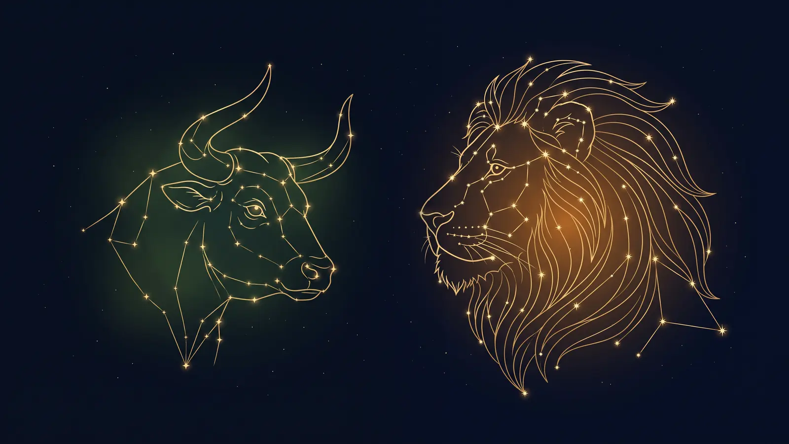 Two gold constellations on a midnight sky: the bull of Taurus facing the lion of Leo