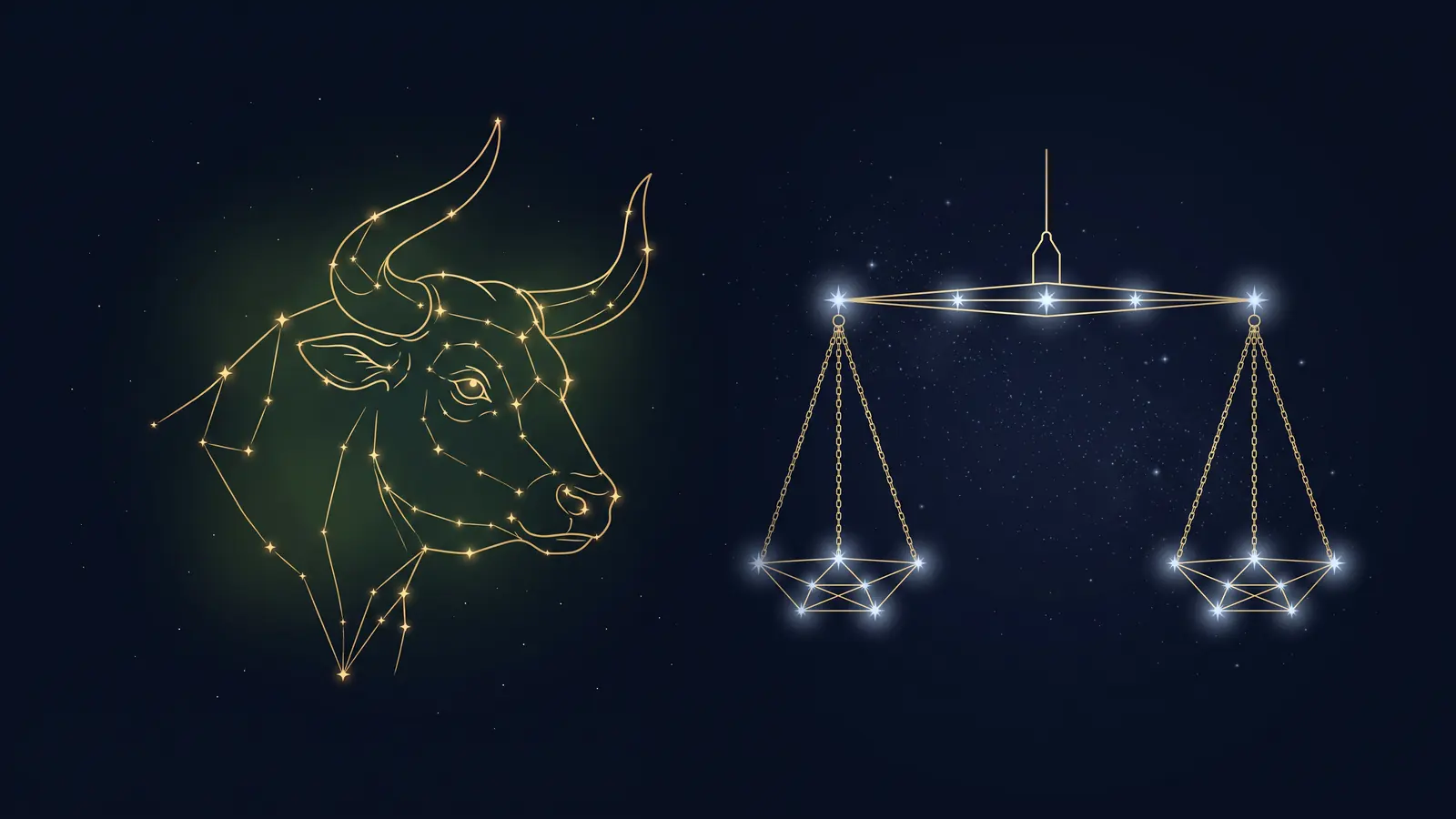 Two gold constellations on a midnight sky: the bull of Taurus facing the scales of Libra