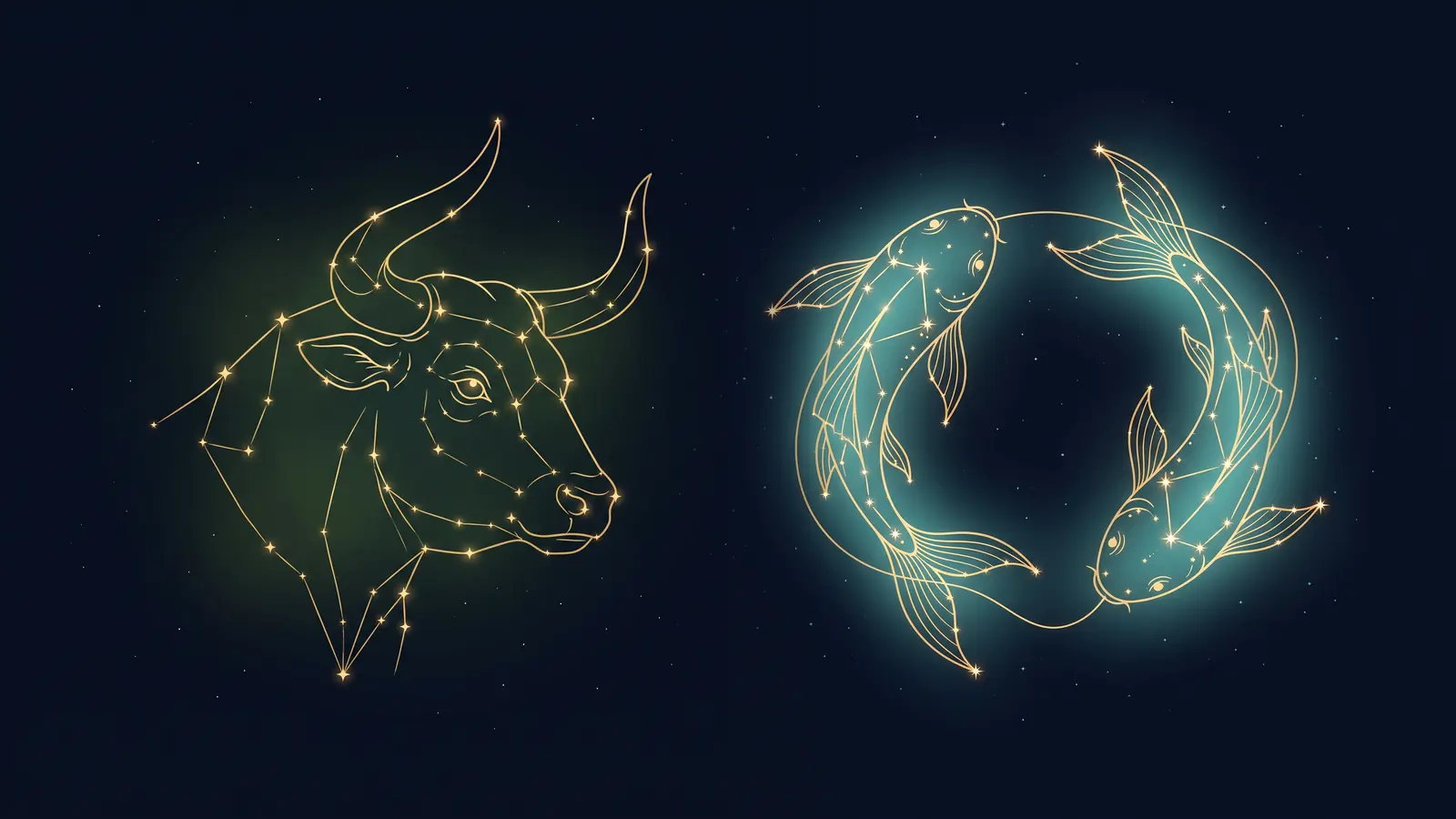 Two gold constellations on a midnight sky: the bull of Taurus facing the fish of Pisces