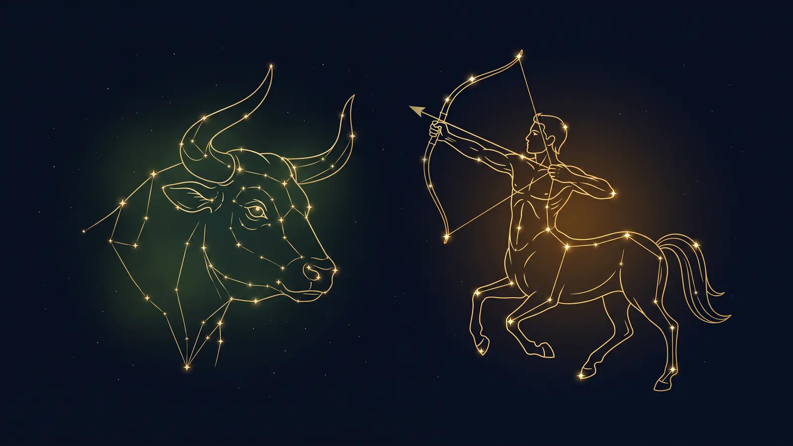 Two gold constellations on a midnight sky: the bull of Taurus facing the archer of Sagittarius