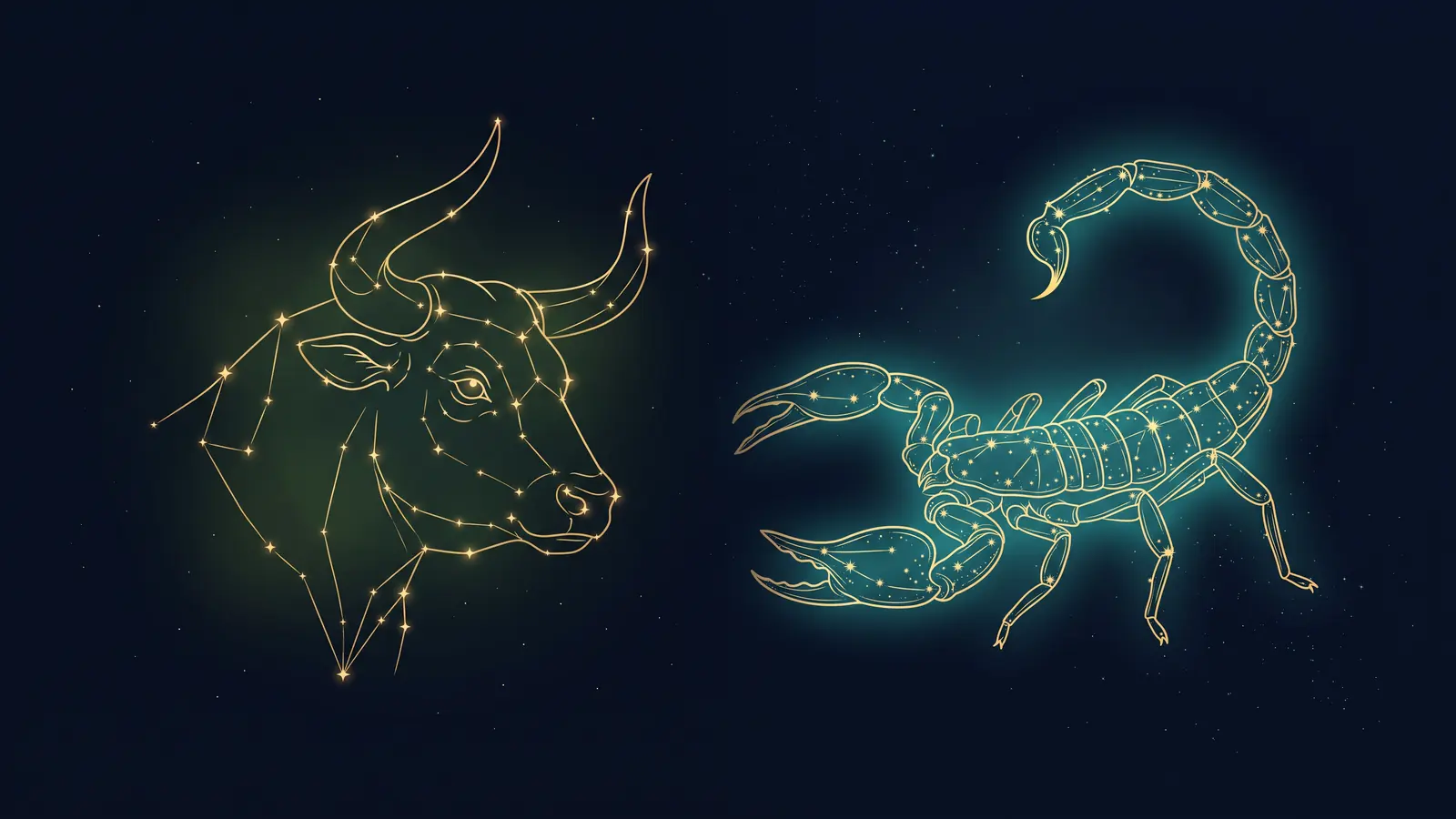 Two gold constellations on a midnight sky: the bull of Taurus facing the scorpion of Scorpio