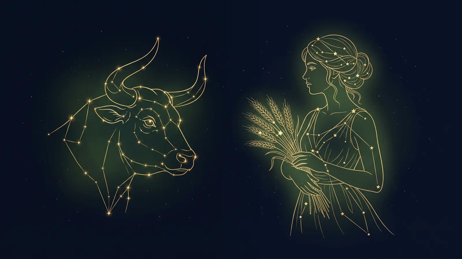 Two gold constellations on a midnight sky: the bull of Taurus facing the maiden of Virgo