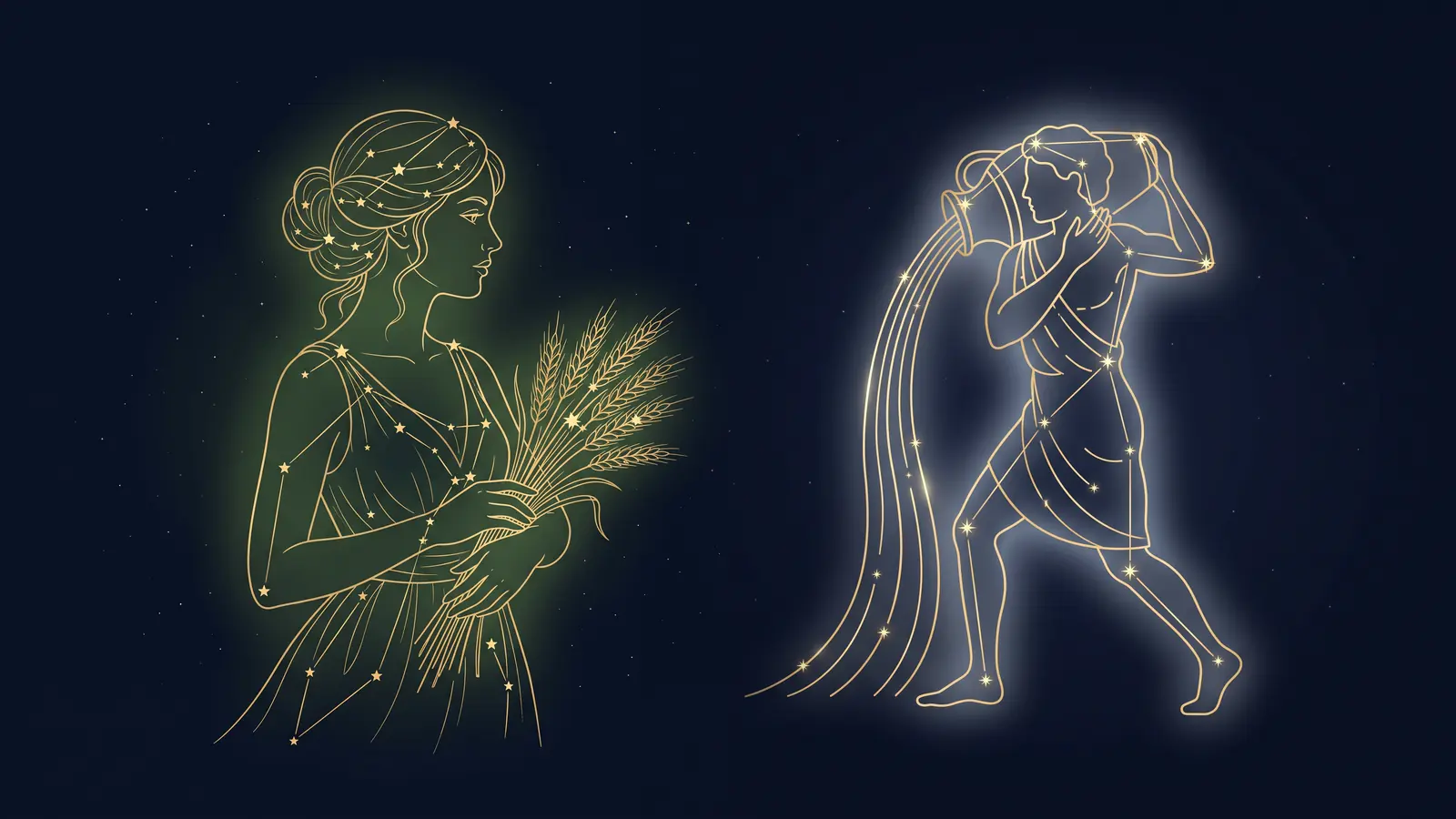 Two gold constellations on a midnight sky: the maiden of Virgo facing the water bearer of Aquarius