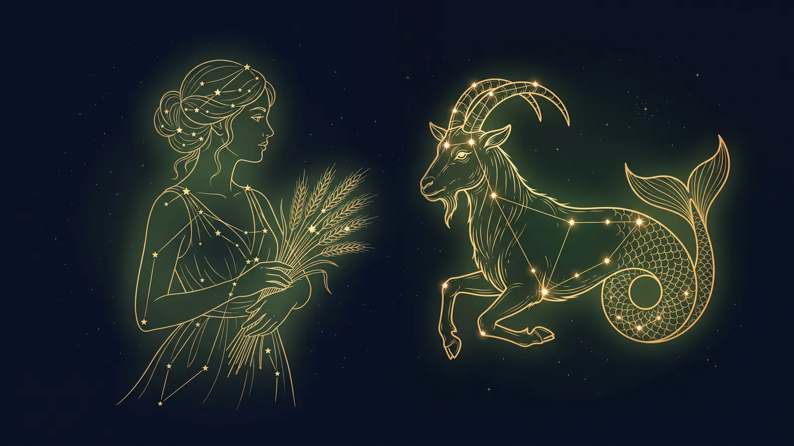 Two gold constellations on a midnight sky: the maiden of Virgo facing the sea-goat of Capricorn