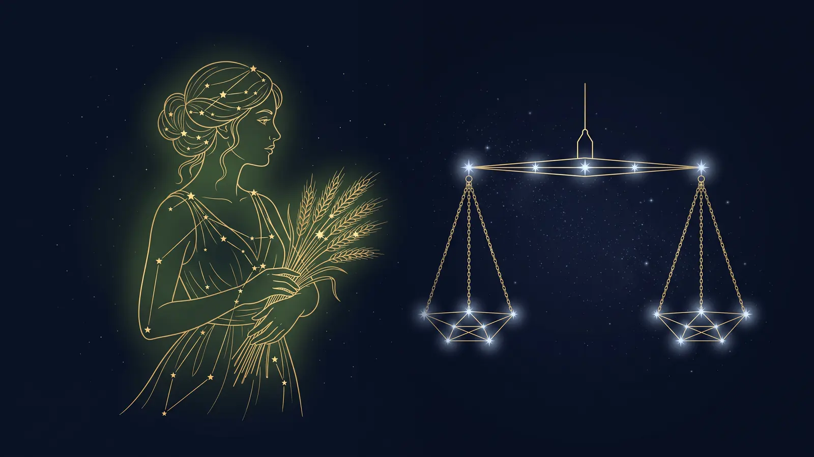 Two gold constellations on a midnight sky: the maiden of Virgo facing the scales of Libra