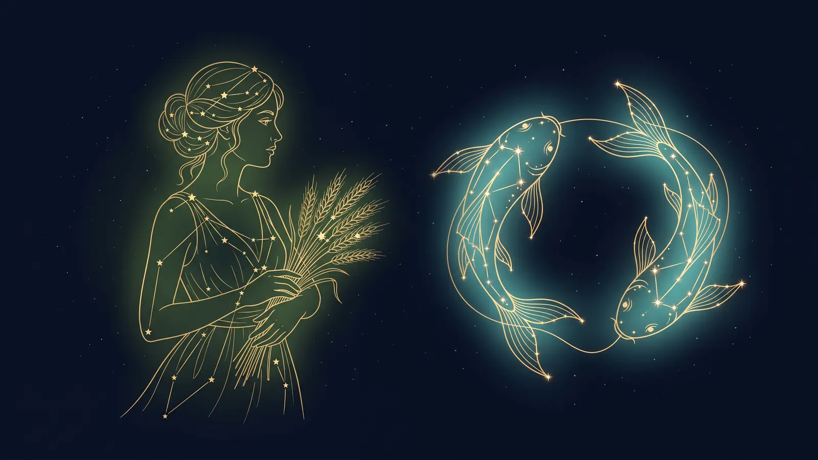 Two gold constellations on a midnight sky: the maiden of Virgo facing the fish of Pisces