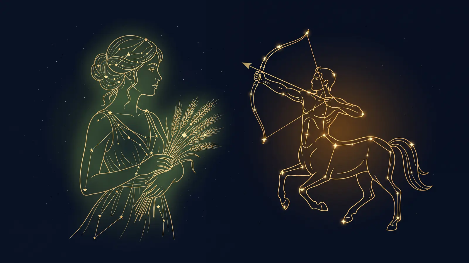 Two gold constellations on a midnight sky: the maiden of Virgo facing the archer of Sagittarius