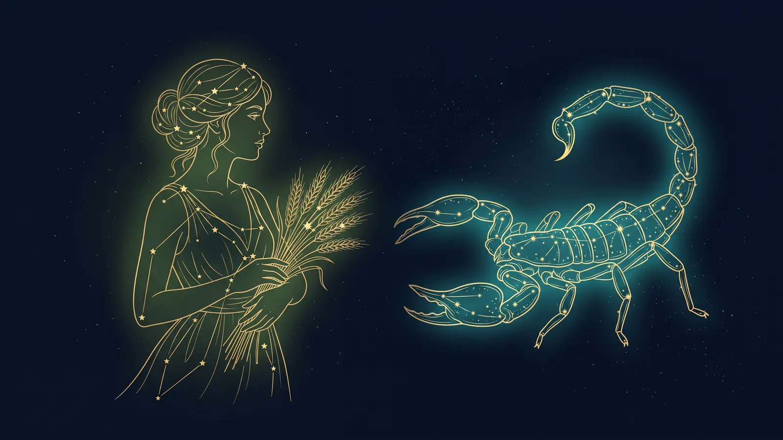 Two gold constellations on a midnight sky: the maiden of Virgo facing the scorpion of Scorpio