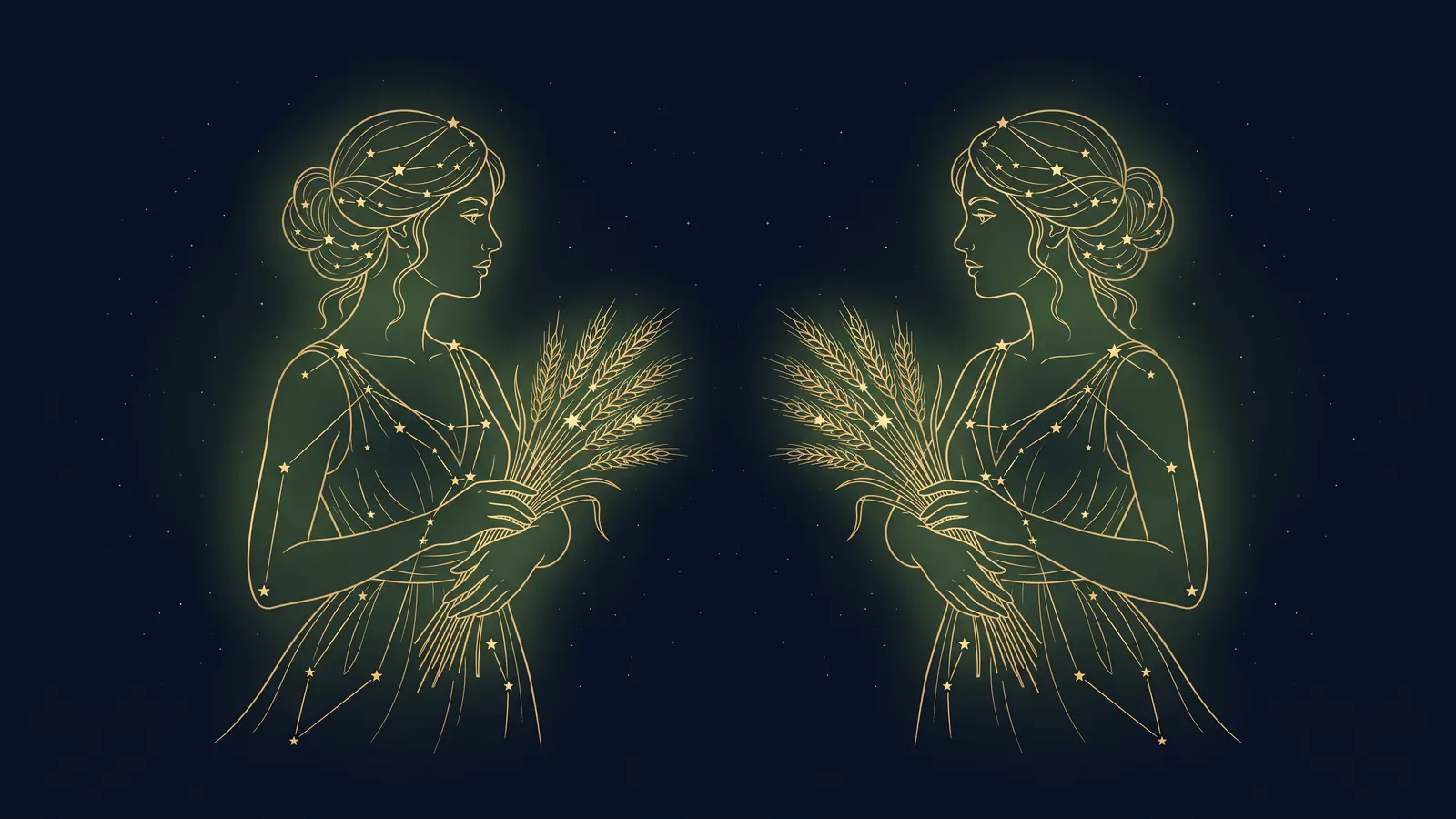 Two gold constellations of the maiden, the symbol of Virgo, facing each other on a midnight sky